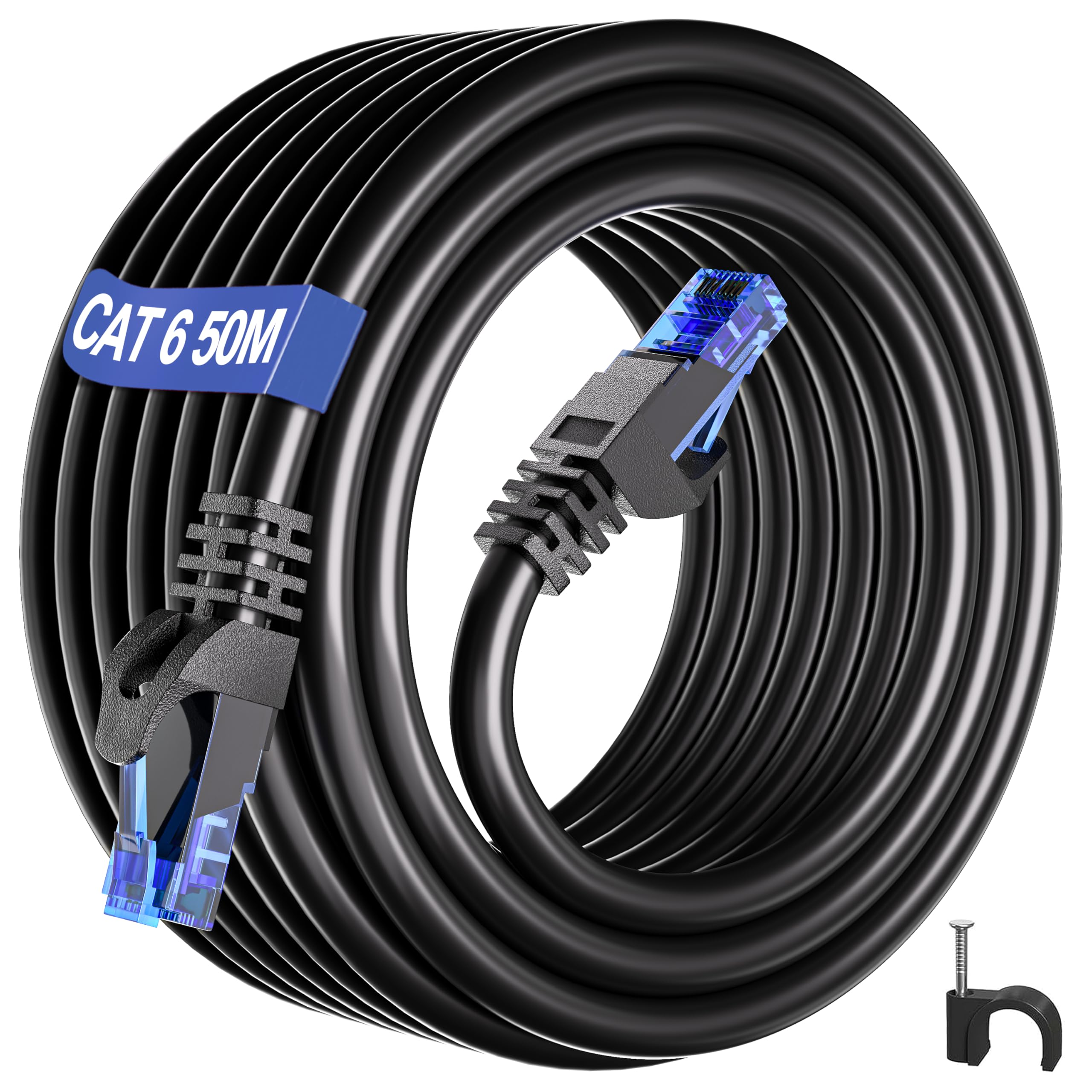 Ethernet Cable 50m Outdoor, Long Cat 6 Internet Cable 50m High Speed 23AWG RJ45 Network Cable 250MHz 10/100/1000Mbps, Waterproof Black Gigabit LAN Cable CCA UTP for Patch Cord Router Switch (50 Clips)