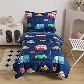 Caressma Navy Toddler Bedding Set, 4 Pieces Boys Comforter with Car Print | Microfiber Kids Comforter with Cars,Buses &amp; Traffic Lights Pattern, Includes Comforter, Fitted Sheet, Flat Sheet &amp; Pillowcase