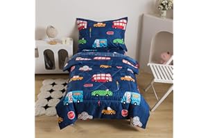 Caressma Navy Toddler Bedding Set Bed-in-a-Bag 4 Pieces, Soft Microfiber Kids Comforter with Cars,Buses & Traffic Lights Pattern, Includes Comforter, Fitted Sheet, Flat Sheet & Pillowcase