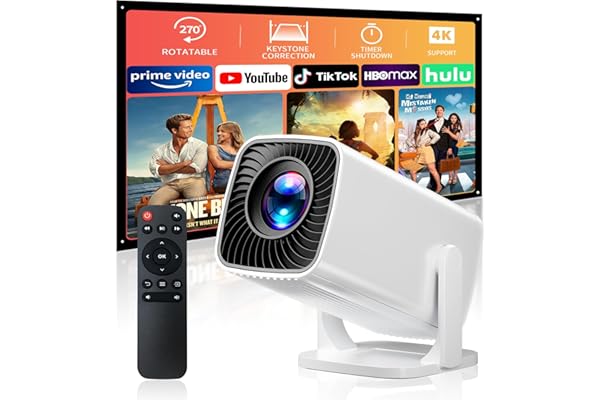 Mini Projector with 4K Support, Portable Projector with Electric Focus & Keystone, 270° Rotatable Stand, Short Throw Home & Outdoor Movie Projector Compatible with TV Stick, Phone & Laptop