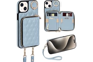 Keallce Case for iPhone 15 Plus 6.7'' Wallet Case, Crossbody Zipper Purse with Handbag Wristlet for Women, RFID Blocking Card Holders, 360° Ring Kickstand Flip Leather Cover for iPhone 15 Plus, Blue