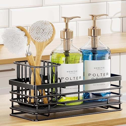 Yofidra Kitchen Sink Caddy Sponge Holder - 304 Stainless Steel Sink Organizer with Diatomite Quick-Dry Base, 3 Compartments Caddy Organizer, Detachable Brush Rack, 8.1" X 3.5" X 4.5"