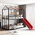 Harper & Bright Designs House Bunk Bed with Slide, Twin Over Twin Bunk Bed with Roof and Guardrails, Metal Bunk Bed Twin Over Twin, House Bed for Kids, Teens, Girls, Boys (Black & Red)