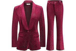 Lamgool Women Pantsuit Dressy Silver Thread Velvet 2 Piece Suit Set Blazer and Flared Pants