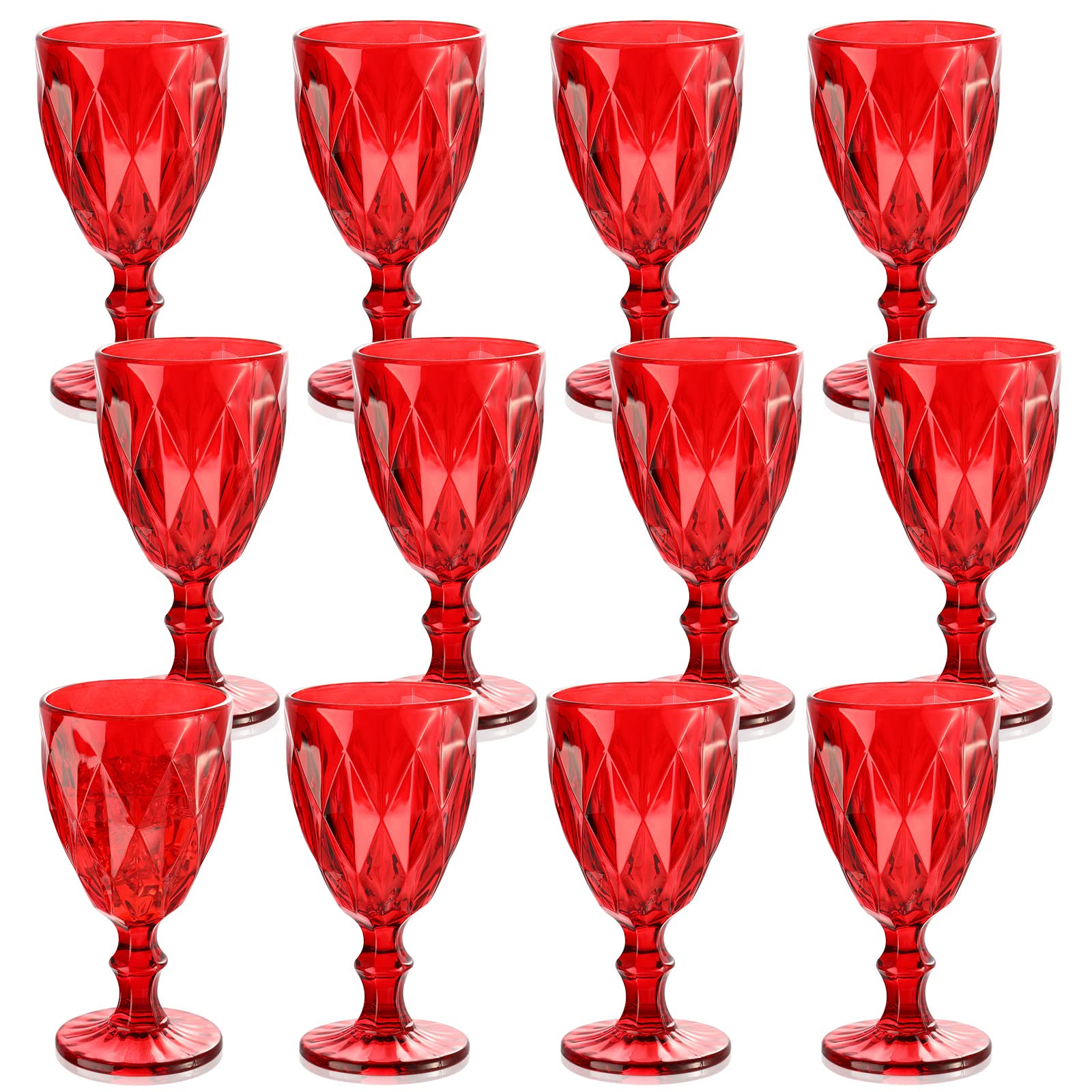 Photo 1 of Yinder Glass Goblet Vintage Wine Goblet Embossed Glassware 10 oz Solid Color Glass Stemmed Cups for Iced Tea Beverage Soda Juice Water Liquor and Party Wedding Bars Restaurants(Red,12 Pack)