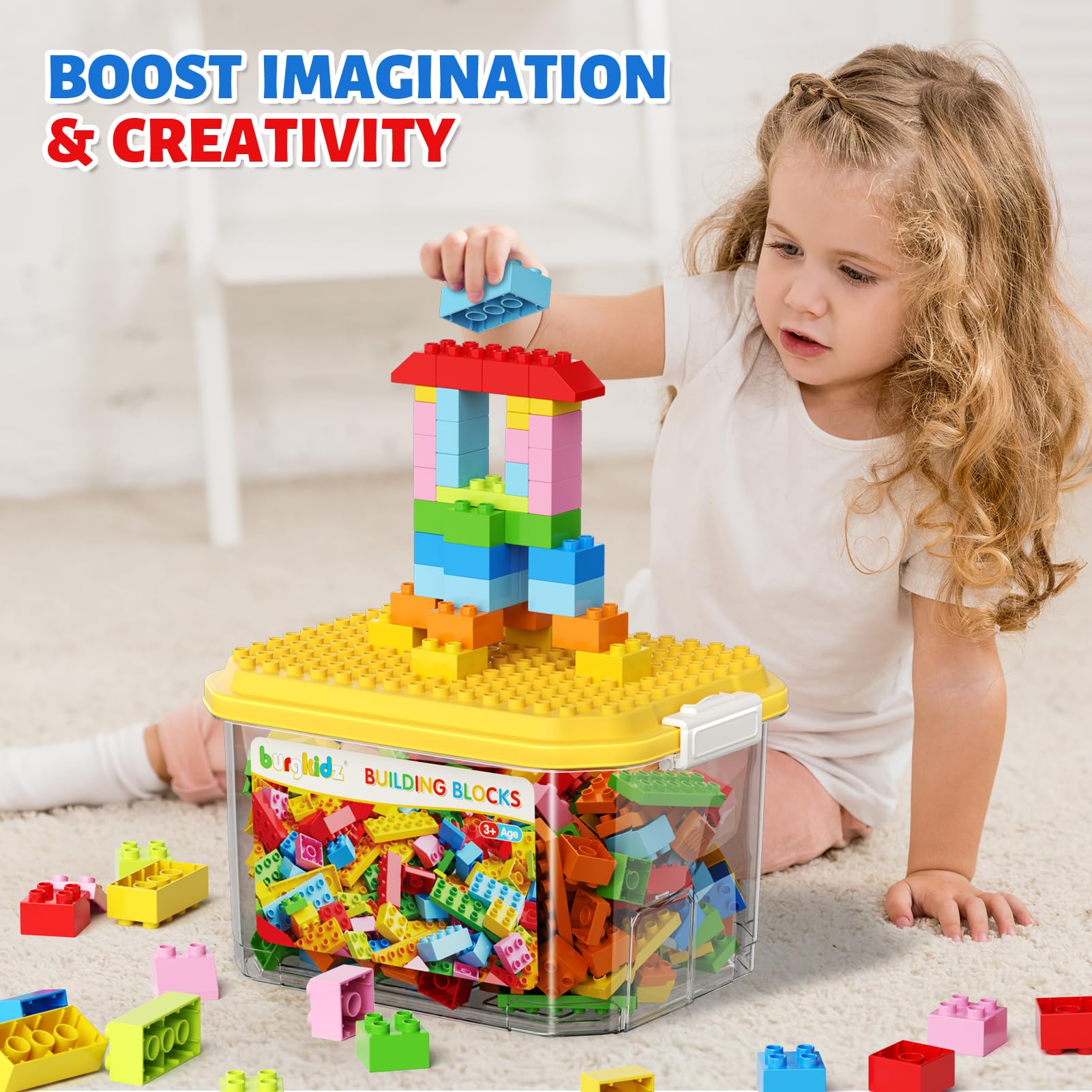 burgkidz 150PCS Jumbo Building Blocks with Clear Storage Box & Baseplate Lid - STEM Educational Toys for Toddlers 3+ Years, Compatible with Major Building Systems