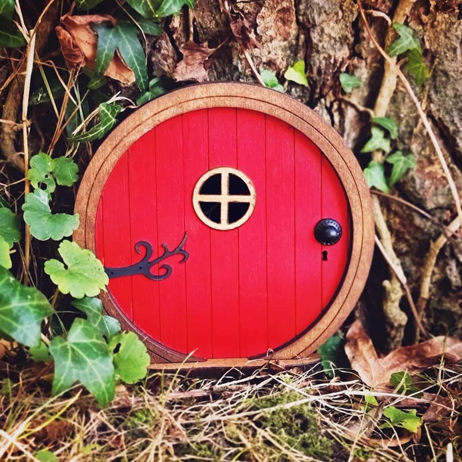 Enyolidimk Red Fairy Garden Door for Tree, Mini Fairy Garden Sculpture Lawn Ornament Decor, Trees Outdo Trunk, Fairytale Tiny House Mini Gift, Fairytales Door Decoration