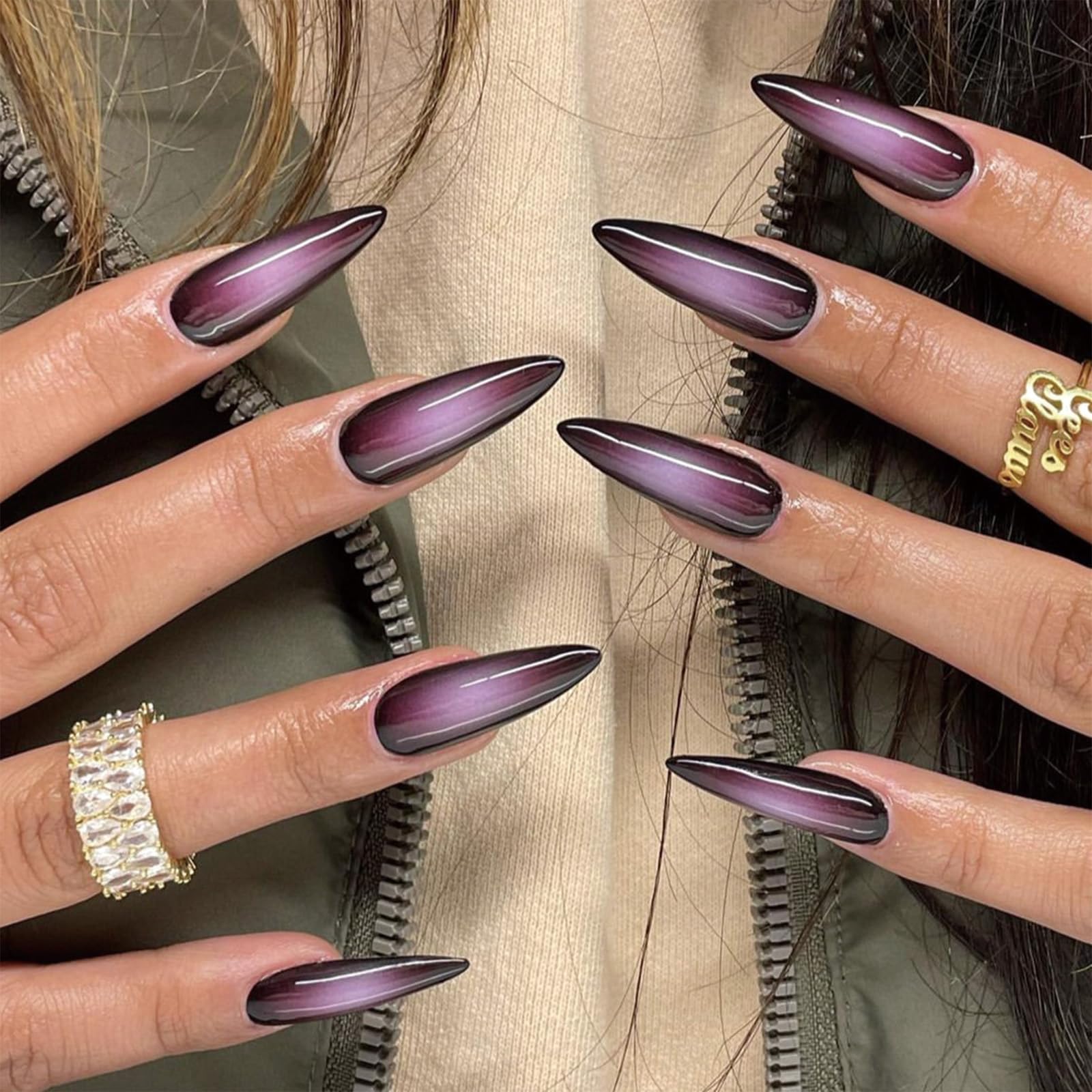 SINHOT Press on Nails Long Stiletto Fake Nails Glossy Glue on Nails Goth Black Acrylic Nails Sharp Almond Artificial Nails Purple Ombre Aura Stick on False Nails with Design 24 pcs