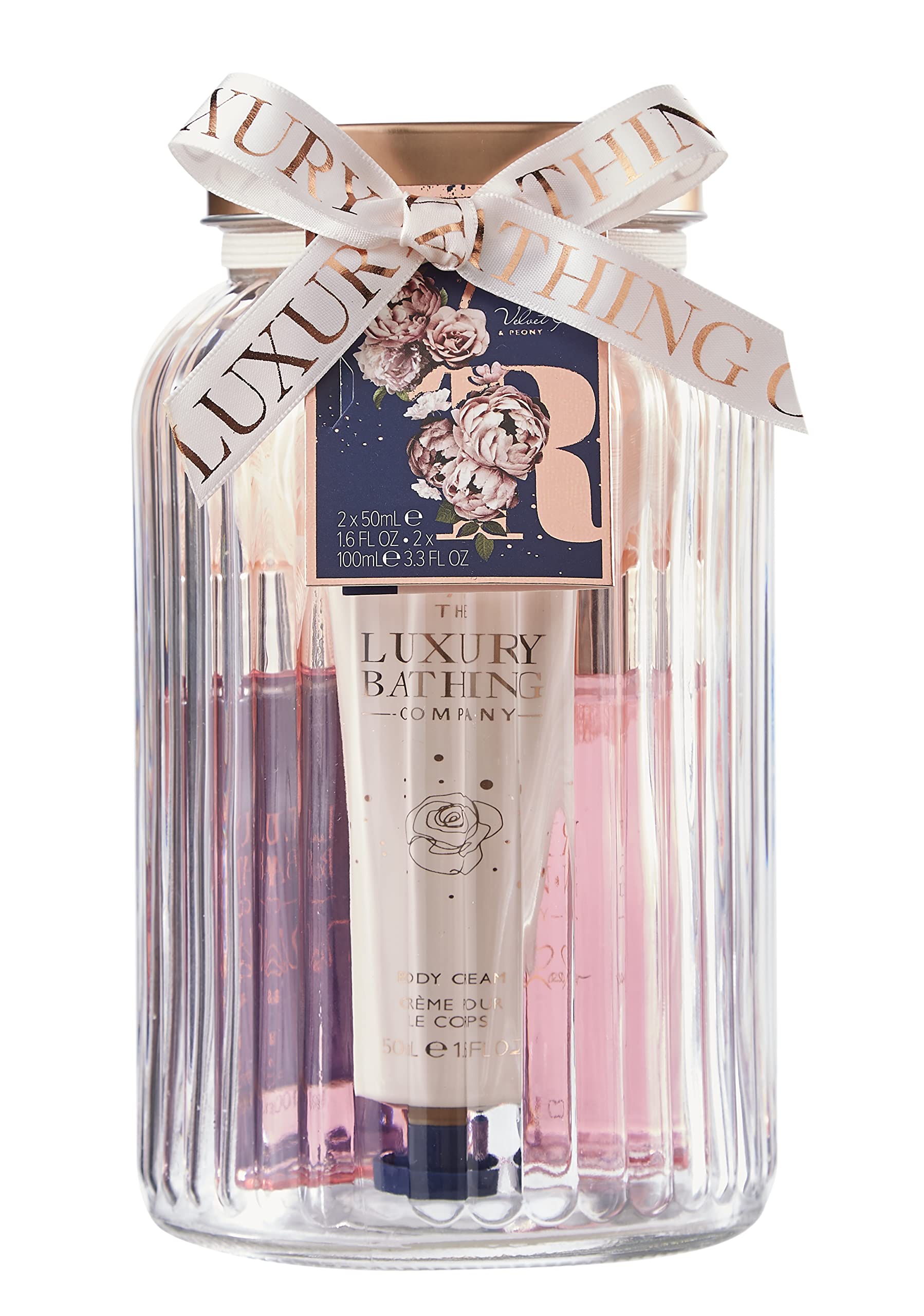 The Luxury Bathing Company - Fascination - Glass jar containing 50ml Body Cream,50ml Hand & Nail Cream,100ml Bottle Foam Bath,100ml Bottle Body Wash and a 30g Body Polisher Blue
