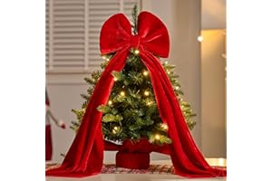 JOIEDOMI 24"/2FT Pre-lit Tree with Oversized Velvet Bow Topper Artificial Christmas Tabletop Tree with 98 PE & PVC Branch Tips 50 LED Lights, Battery Operated for Xmas Indoor Every Room Tree Decor