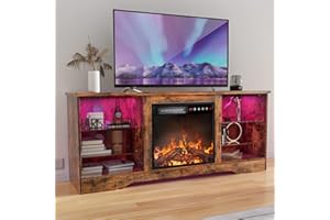 TAVATA Fireplace TV Stand with 18''Fireplace, Modern Entertainment Center for TVs up to 65 inch, Media TV Console with Adjustable Glass Shelves and Storage Cabinets(Brown)