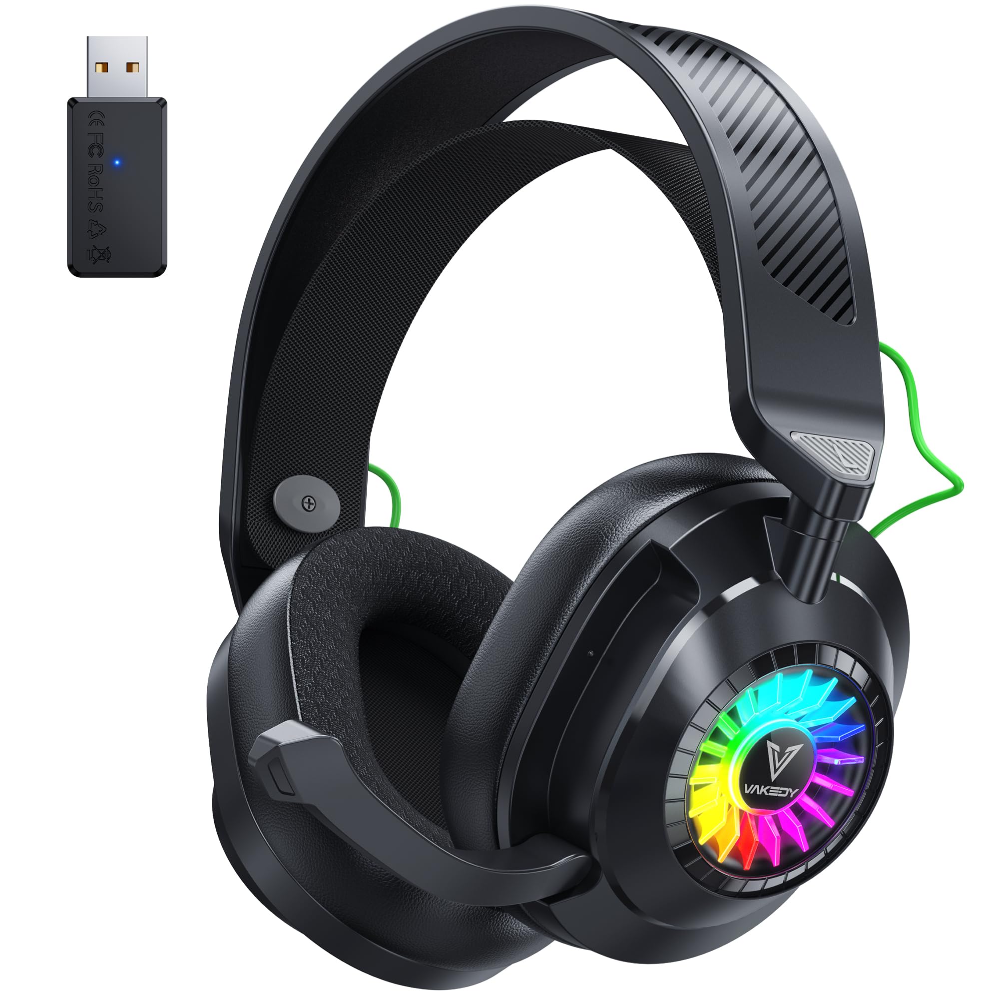 Vakedy HW10 Wireless Gaming Headset for PS5, PS4, PC, Switch, Mac, 2.4GHz Wireless Gaming Headphone with Flip Noise Canceling Mic, 50H Battery, 50mm Drivers, RGB Lights (Cool Black)