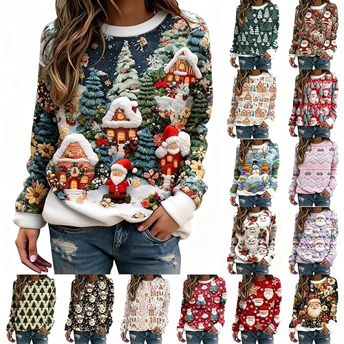 women's jumpers,jumper women,Ugly Christmas Jumpers for Women UK Xmas Winter Sweatshirts Ladies Fleece Jumper Tops Long Sleeve Sweaters Oversized Fashion Outfits,3-Blackish Green,S