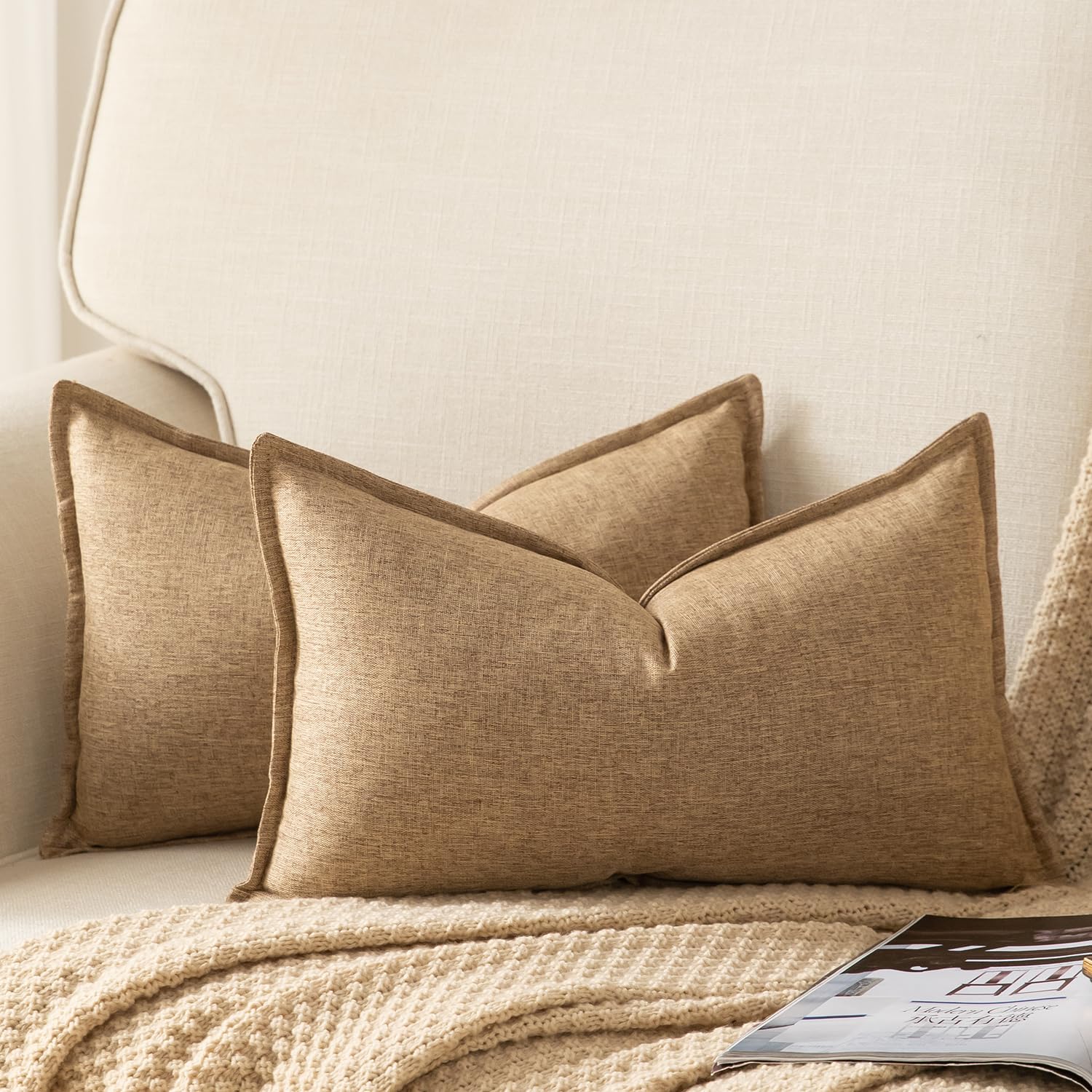 YAERTUN Pack of 2 Decorative Linen Soild Cushion Covers Farmhouse Neutral Throw Pillow Cases for Chair Couch Sofa Bedroom Living Room Home Decor 12 x 20 Inch 30x50 cm Camel