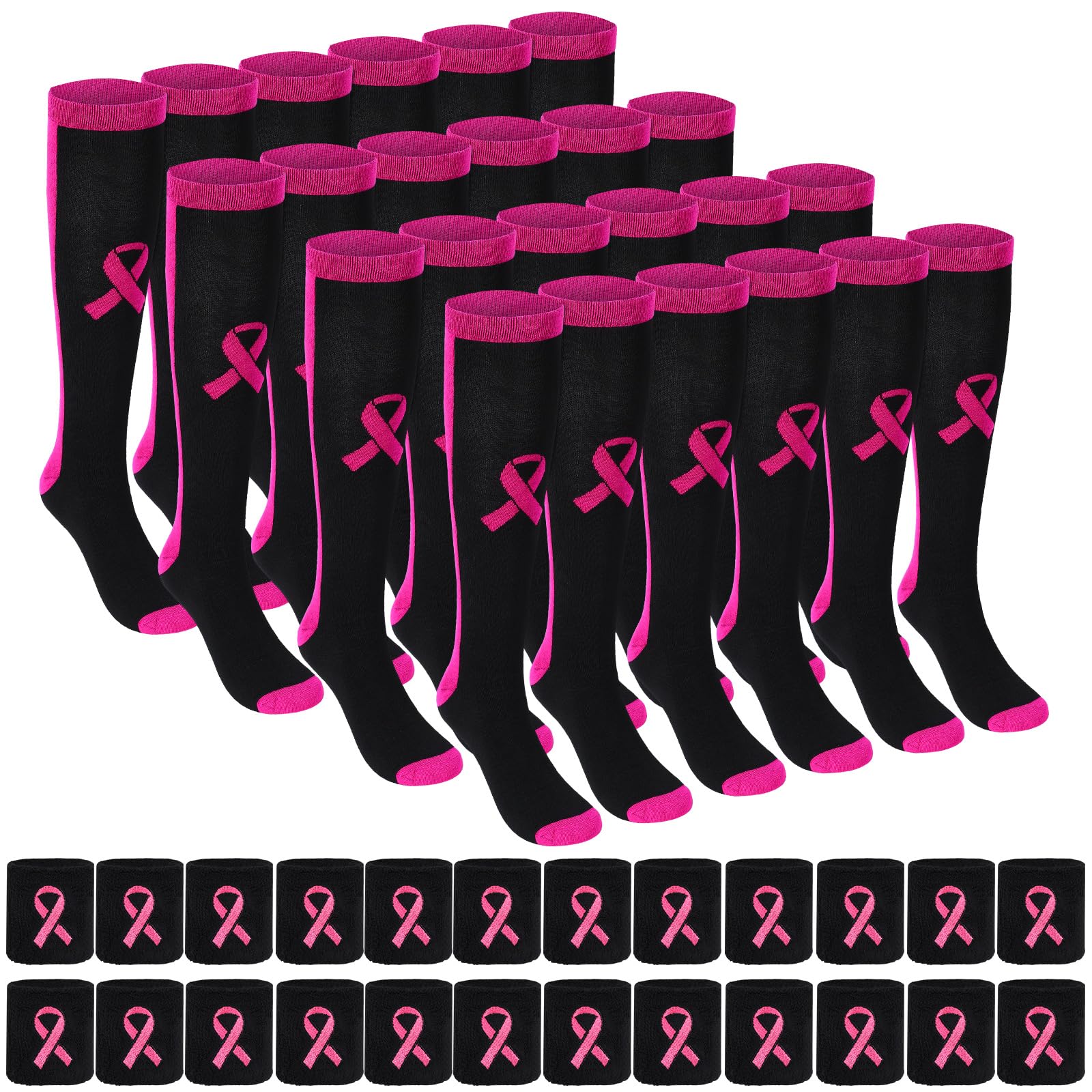Photo 1 of Zhanmai 12 Sets Breast Cancer Awareness Socks Pink Ribbon Hope Socks and Wristbands Set Breast Cancer Pink Cheer Socks Breast Cancer Wristbands for Football Baseball Soccer
