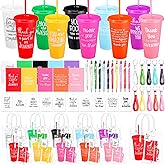 Widecook 181 Pcs Employee Appreciation Gifts 24 oz Inspirational Plastic Cups with Lid and Straw Notebooks Ballpoint Pens Keychains PVC Gift Bags Thank You Supplies for Teacher Coworker Staff(Classic)