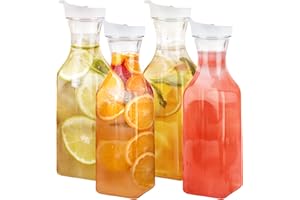 Gusto [50 oz - 4 Pack] Carafe with Lid, Large Capacity Square Base - Clear Pitcher with Flip Top Lid, Easy-Pour Spout Juice C