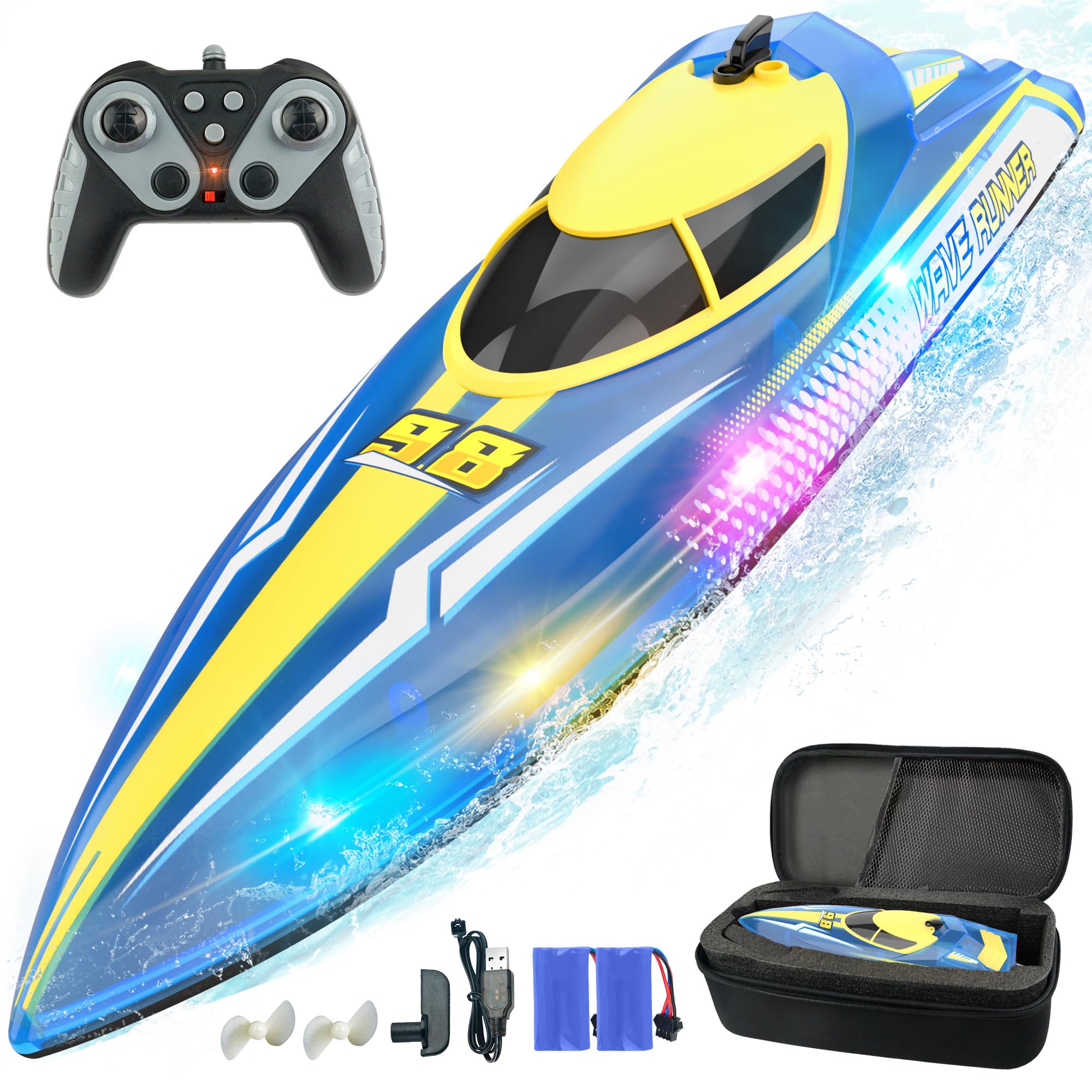 Photo 1 of BEZGAR Remote Control Boat for Kids - 2.4GHz Fast RC Boat with LED Lights & Portable Suitcase for Pools, Lakes & Salt Water, Summer Water Toys Gifts for Boys & Girls Age 6 7 8-12 Years Old