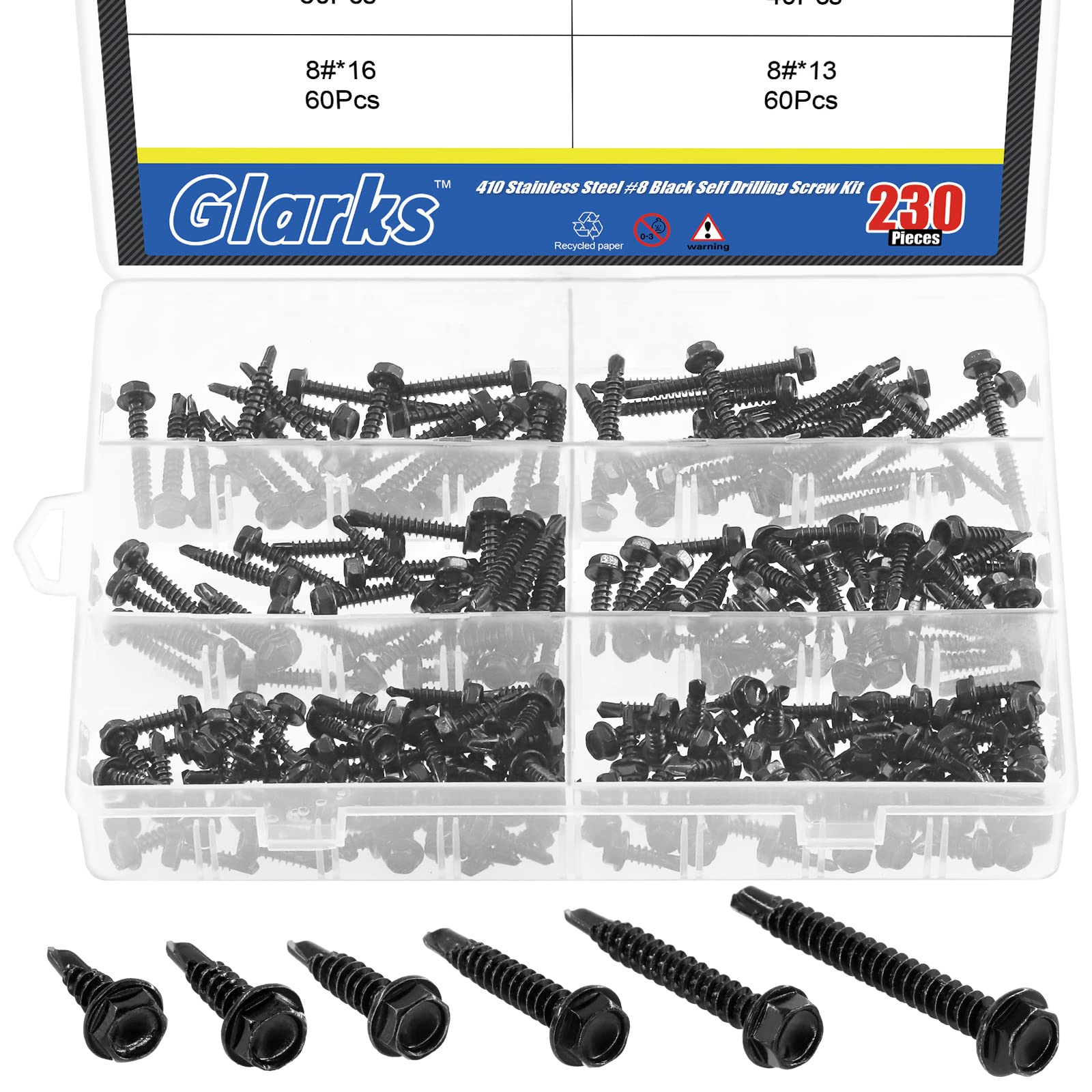 Glarks 230Pcs 410 Stainless Steel #8 Hex Washer Head Self Drilling Screws Assortment Kit 6 Size Black #8x1/2", 8x5/8", 8x3/4", 8x1", 8x1-1/4", 8x1-1/2" Sheet Metal Screws with Drill Point