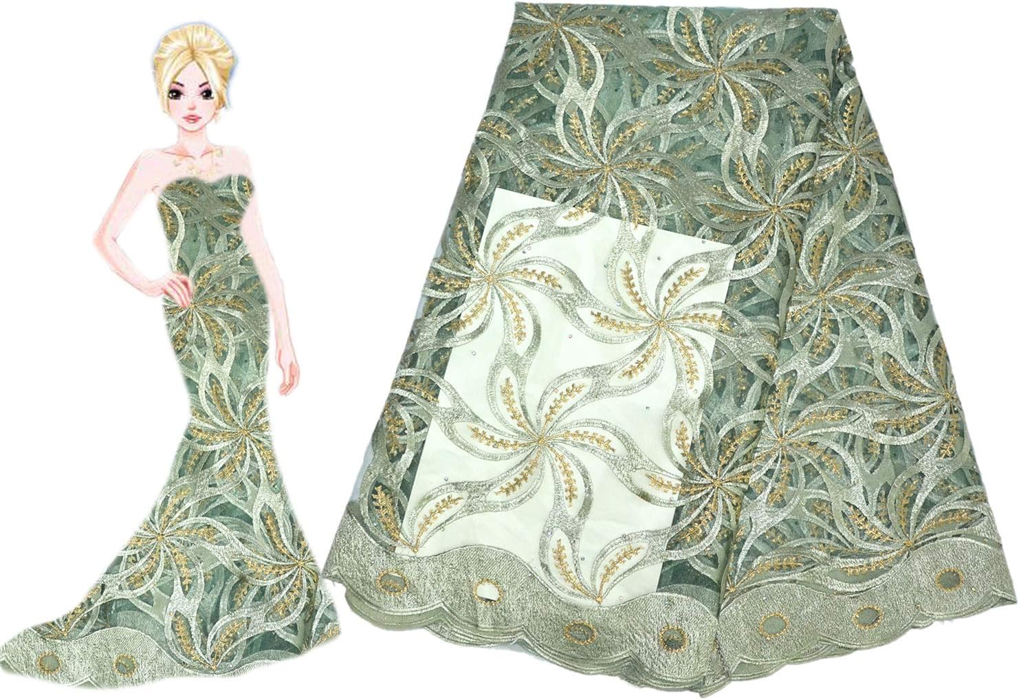 KENLACE 5Yards/Lot African Lace Fabric 2018 Embroidered Nigerian Laces Fabric French Tulle Lace Fabric for Women (Light Green)