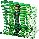Ramede 6 Pairs St. Patrick's Day Compression Socks 20-30mmhg Green Shamrock Irish Knee High Socks for Women Men Work Support Travel Gifts