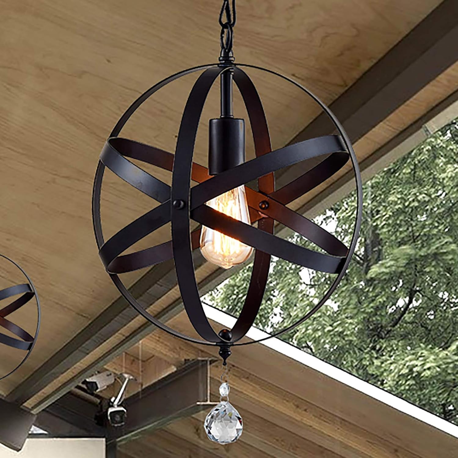 Matte Black 1Light Metal/Crystal Orb Hanging Chandelier