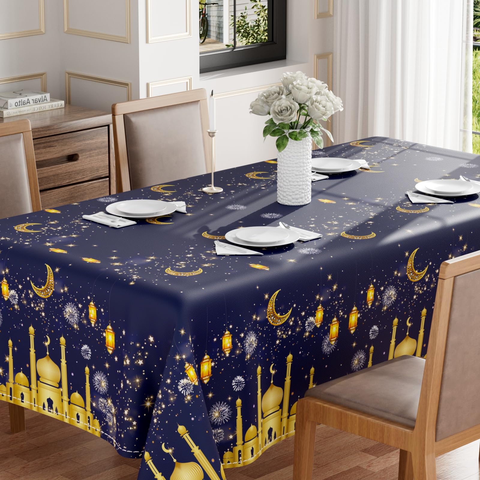 Photo 1 of BOTB LIHM Eid Al-Fitr Ramadan Kareem Night Castle Lantern Stars and Moon Tablecloth Rectangle Washable Table Covers for Indoor Outdoor Dining Table Home Party Decorations 60x84 Inch