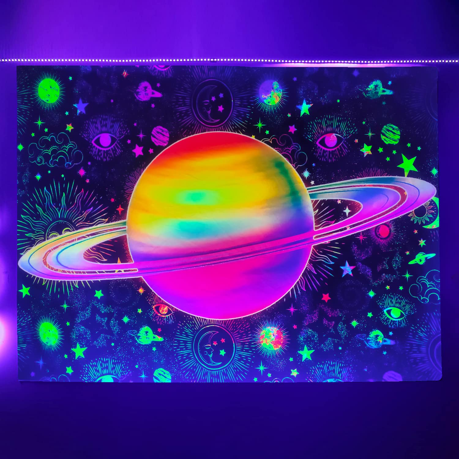 EUMVP Sun and Moon Tapestry Aesthetic Sun Moon UV Reactive Tapestry Black Dark Spiritual Tapestries Colorful Hippie Boho Mandala Tapestry Wall Hanging for Home 200x150cm YGTLSVP004