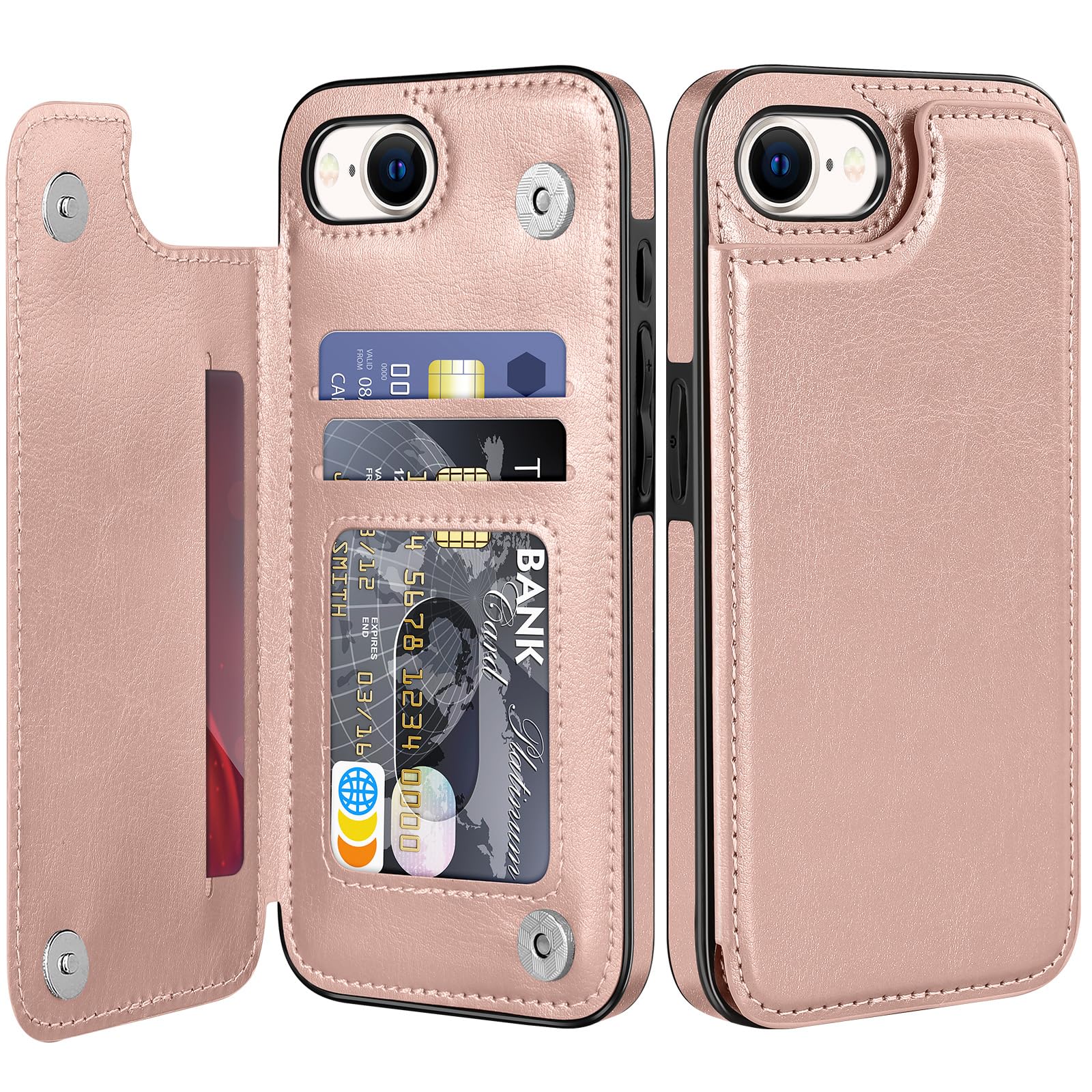 Bizzib for iPhone 16e Wallt Case with Card Holder,Premium PU Leather Kickstand Card Slots Drop Protective Shockproof Rugged Cover Flip Case for Apple iPhone 16e 6.1 inch 2025, Rose Gold