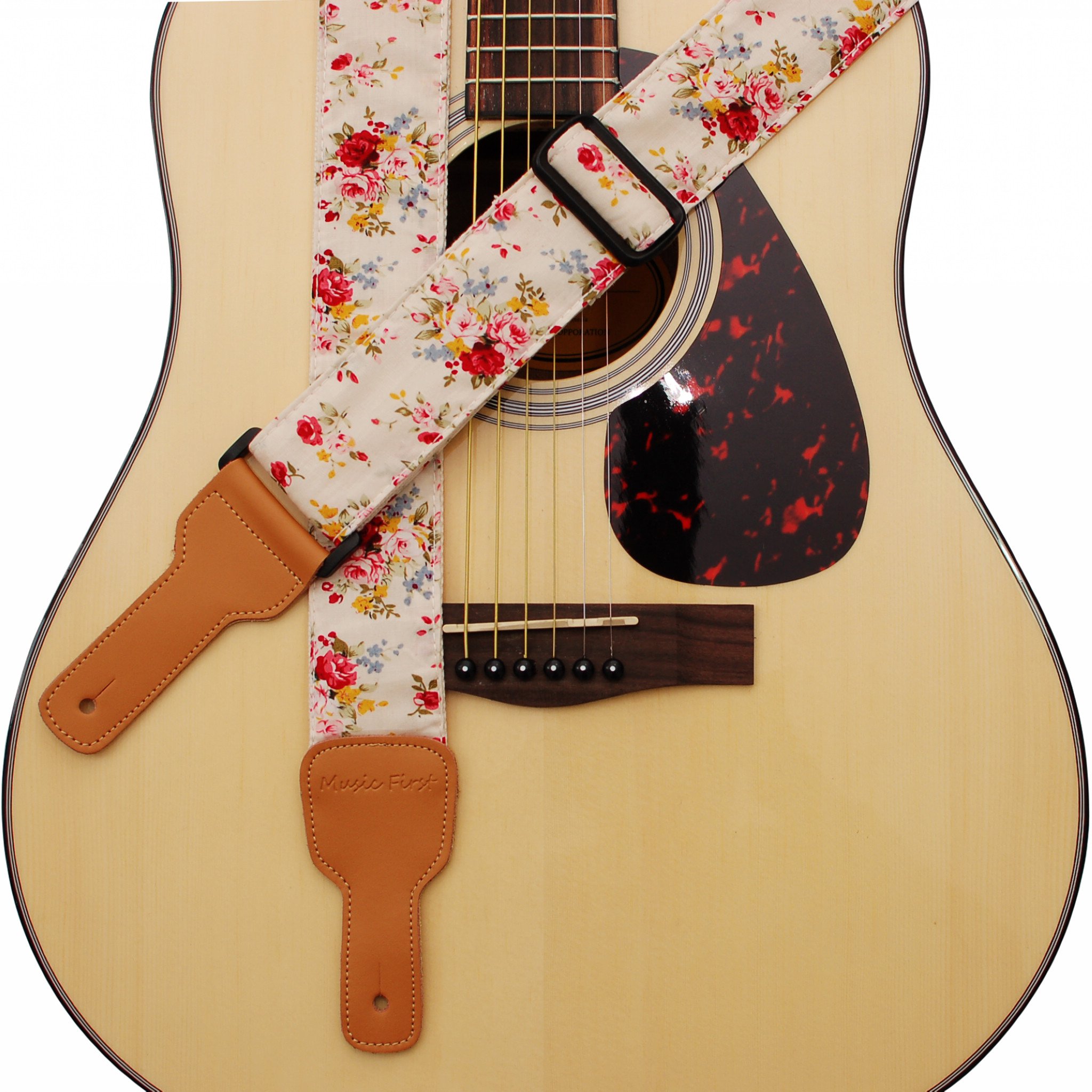 MUSIC FIRST Original Design “Rosa Multiflora in Cream” Padded Soft Cotton & Genuine Leather Guitar Strap, Banjo Strap