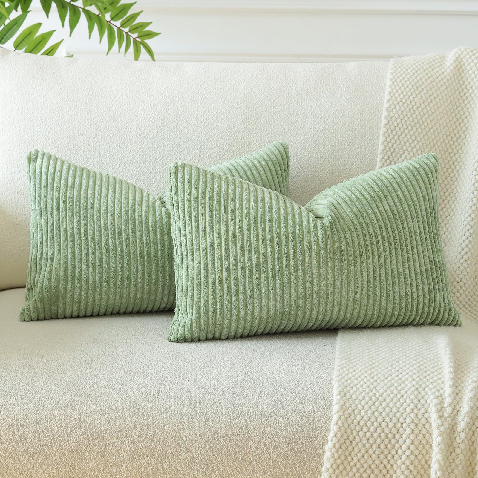 JOTOM Corduroy Soft Striped Throw Pillow Covers 40x60 cm Boho Decorative Pillow Covers Lumbar Pillowcase Couch Home Decor Cushion Covers for Sofa Bedroom 16x24 Inch Set of 2 (Sage Green) — image 1