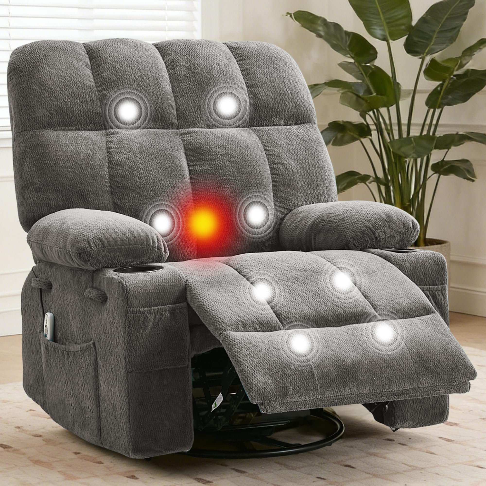 Photo 1 of IDEALHOUSE Rocking Recliner Chair with Heat, 38.5" Oversized Swivel Rocker Recliner with Massage, Side Pockets & Cup Holders, Reclining Sofa for Living Room, Bedroom (Grey, Terry Cloth)