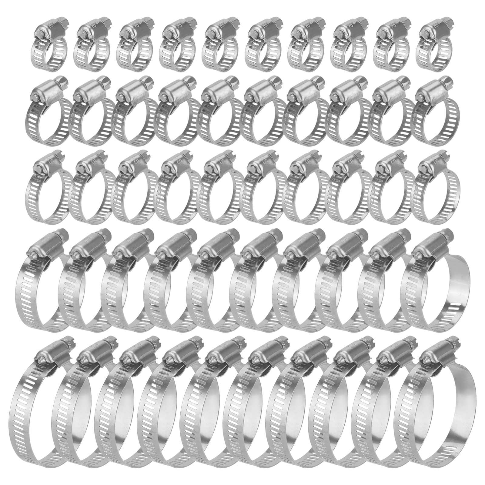 JAPCHET 100 PCS Hose Clips Set, 5 Sizes Adjustable 6-51mm Pipe Hose Clamp, Stainless Steel Worm Drive Clips for Pipe Hose