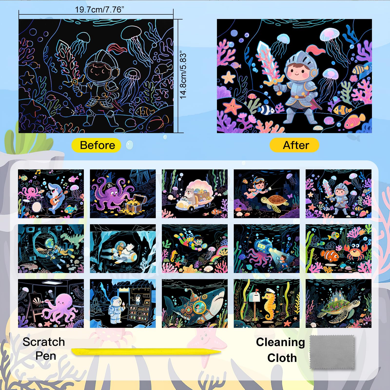 KSIWRE 15PCS Magic Scratch Paper Art Set, Underwater World Adventure Theme Drawing Art Book with Scrach Pen