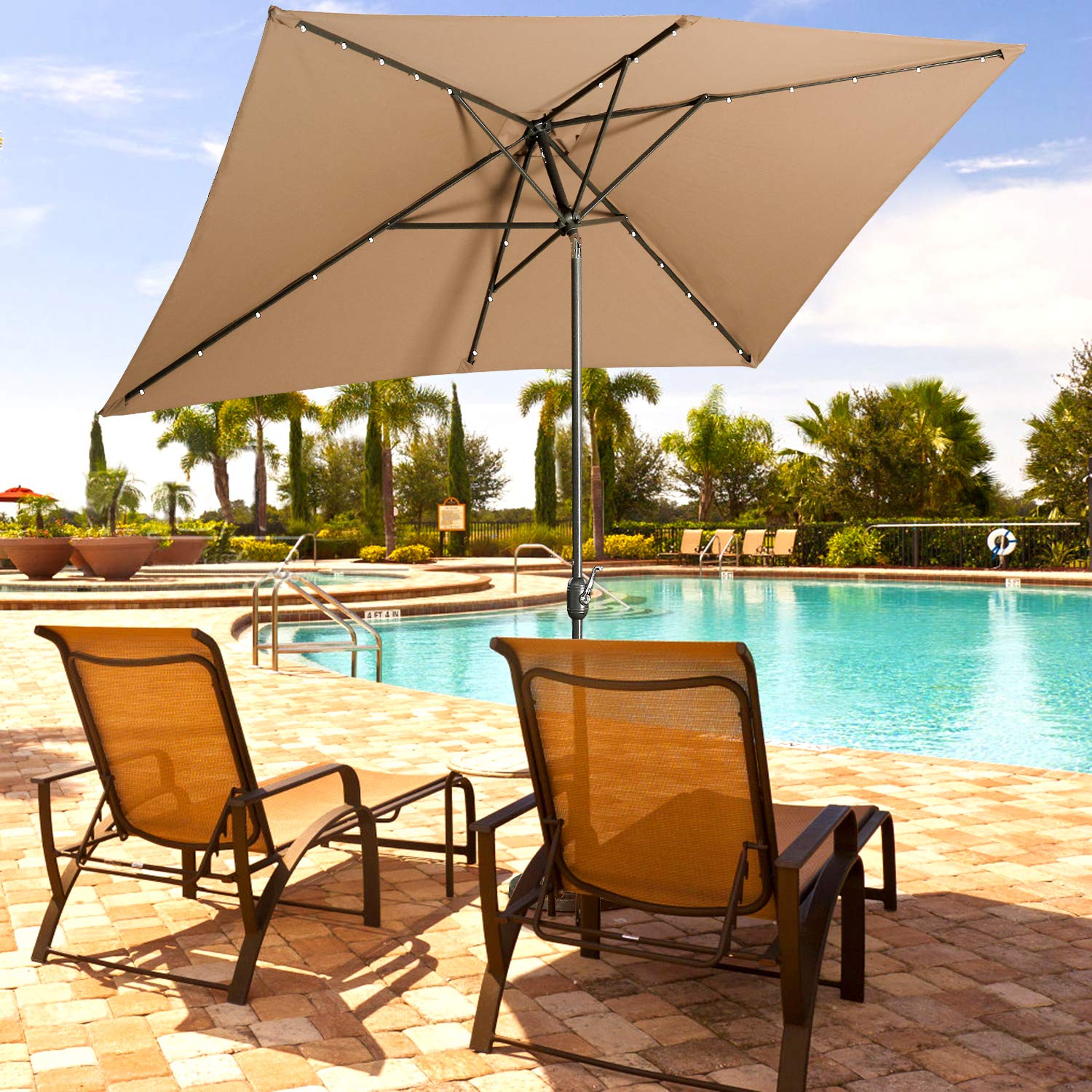 Aok Garden Solar LED Outdoor Umbrella,10x6.5 Feet Rectangular Patio Umbrella with Push Button Tilt and Crank Lift Ventilation,8 Sturdy Ribs Non-Fading Sunshade,Navy not Taupe Color