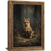 Gold Framed Vintage Forest Fox Canvas Wall Art, Dark Academia Rustic Decor | Moody Dusky Woodland Red Fox with Oil Painting Texture, Wildlife Theme, Easy to Hang, for Living Room, Bedroom &amp; Lodge Decor