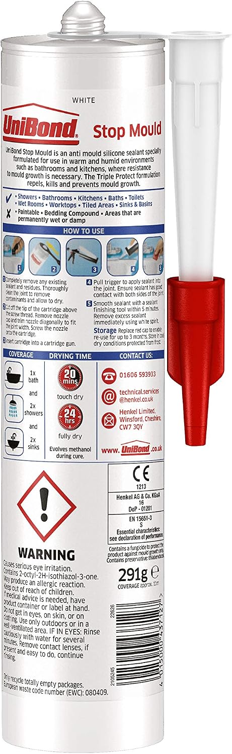 UniBond 2100806 Triple Protection Stop Mould Sealant, Kitchen & Bathroom Sealant, White Silicone Sealant Repels, Kills - Image 3