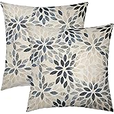 Kawani Navy Blue Dahlia Throw Pillow Covers 18x18 Inch Rustic Geometric Flower Decorative Square Pillow Cases Beige Tan Gray Floral Cushion Covers Farmhouse Home Decor for Sofa Couch Outdoor Set of 2