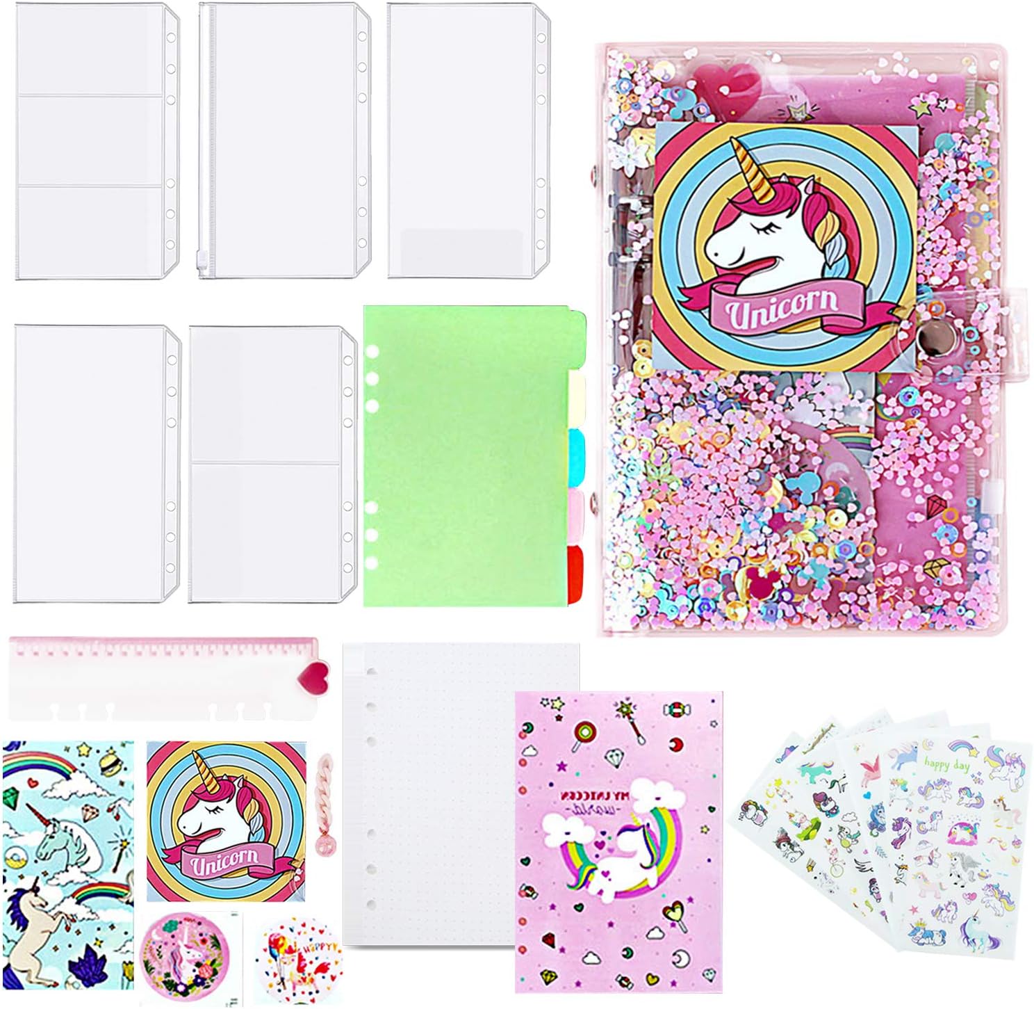 6 Ring Binder A6 Size with Pages Notebook Binder,Girl Heart Pink with Sequin PVC Cover Unicorn Hand Book Cute Loose-Leaf Diary Notebook Hanging Drop Cute Gift Ideas Planner Binder for Girls,Kids