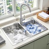Laundry Utility Sink With Washboard Stainless Steel Kitchen Sink Household Pool Balcony Room Wash Basin Easy Clean Double-Bowl (600mm/23.6Inch)