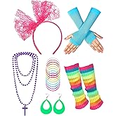 Blulu 6 Pcs 80s Accessories for Women Fancy Costume Neon Lace Headband Earrings Fishnet Gloves Necklace Bracelet