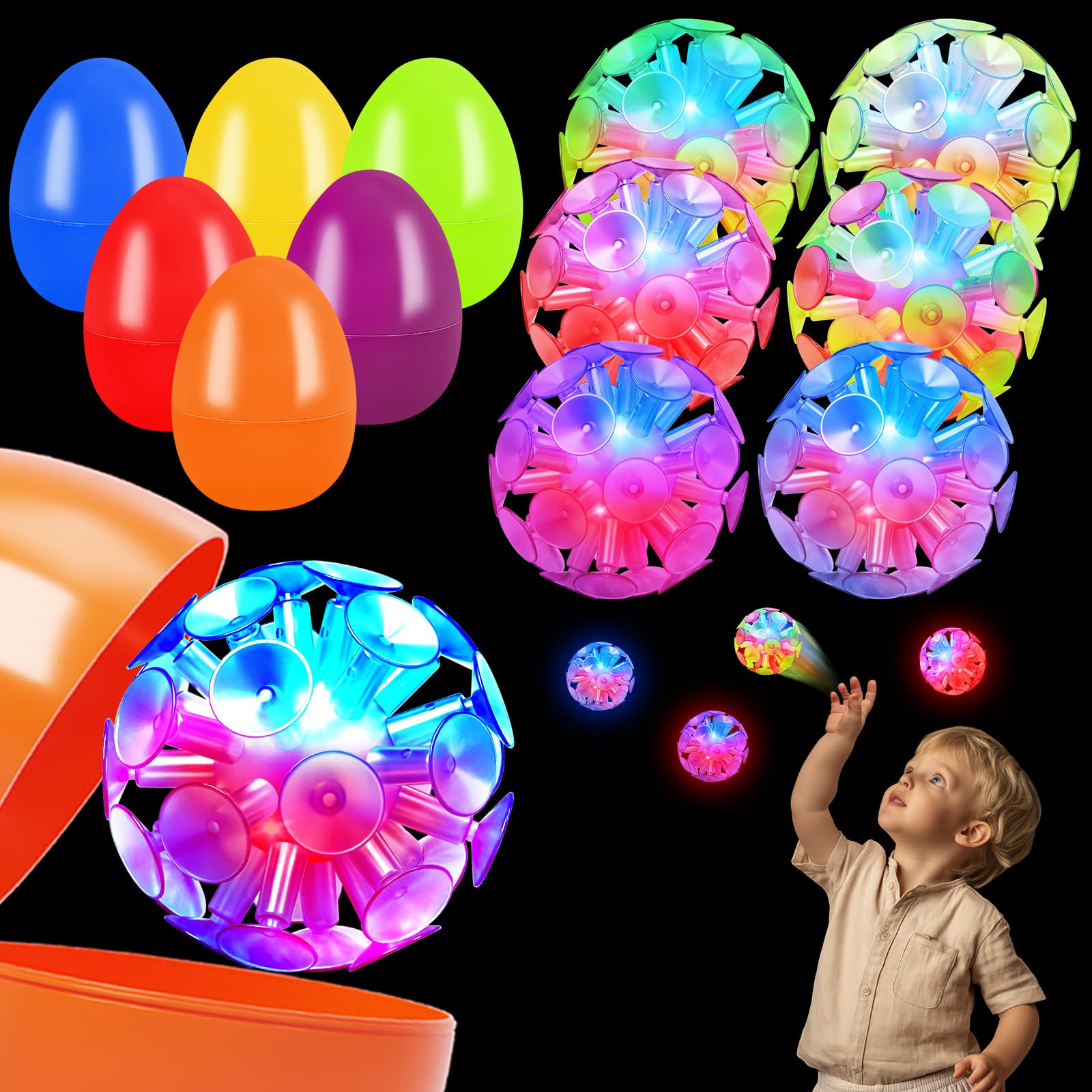 6 Pack Easter Eggs Filled with Light Up Suction Cup Balls, Easter Basket Stuffers Essentials, Filled Easter Eggs with Fidget Toys for Kids Toddlers, Easter Egg Hunt Party Favors, Classroom Prize