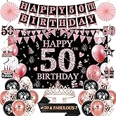 Trgowaul 50th Birthday Decorations for Women, 30pcs Black Rose Gold Happy Birthday Party Supplies, 50th Crown and Sash, Banner, Hanging Swirl Flag, Balloons, 50 Year Old Party Decoration Set
