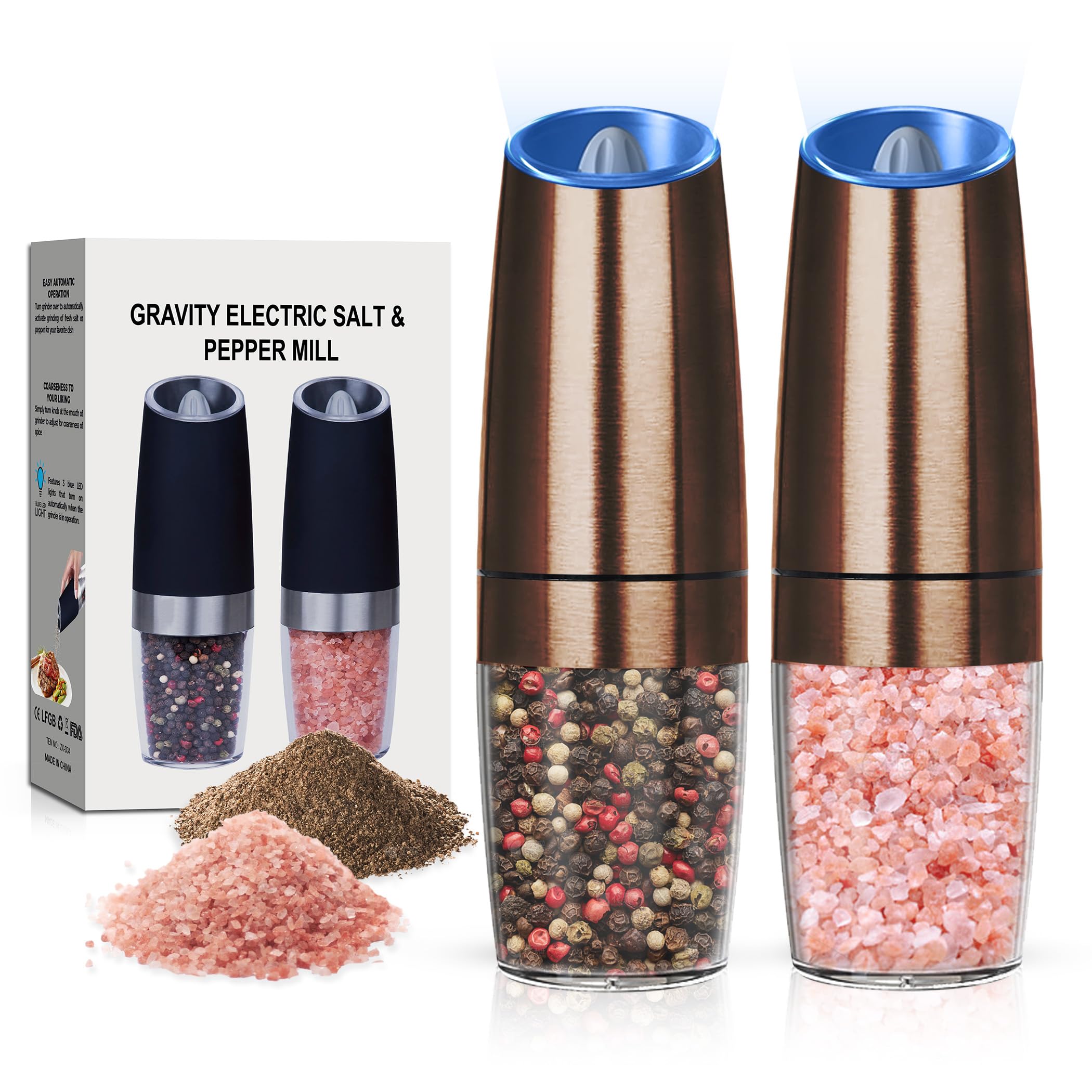 Photo 1 of BELRIGO Battery Operated Salt And Pepper Grinder Set with LED Light, Automatic Electric Gravity Salt And Pepper Shakers Set, Each 6 AAA Batteries Needed, Adjustable Roughness, 2 Pack (Copper)