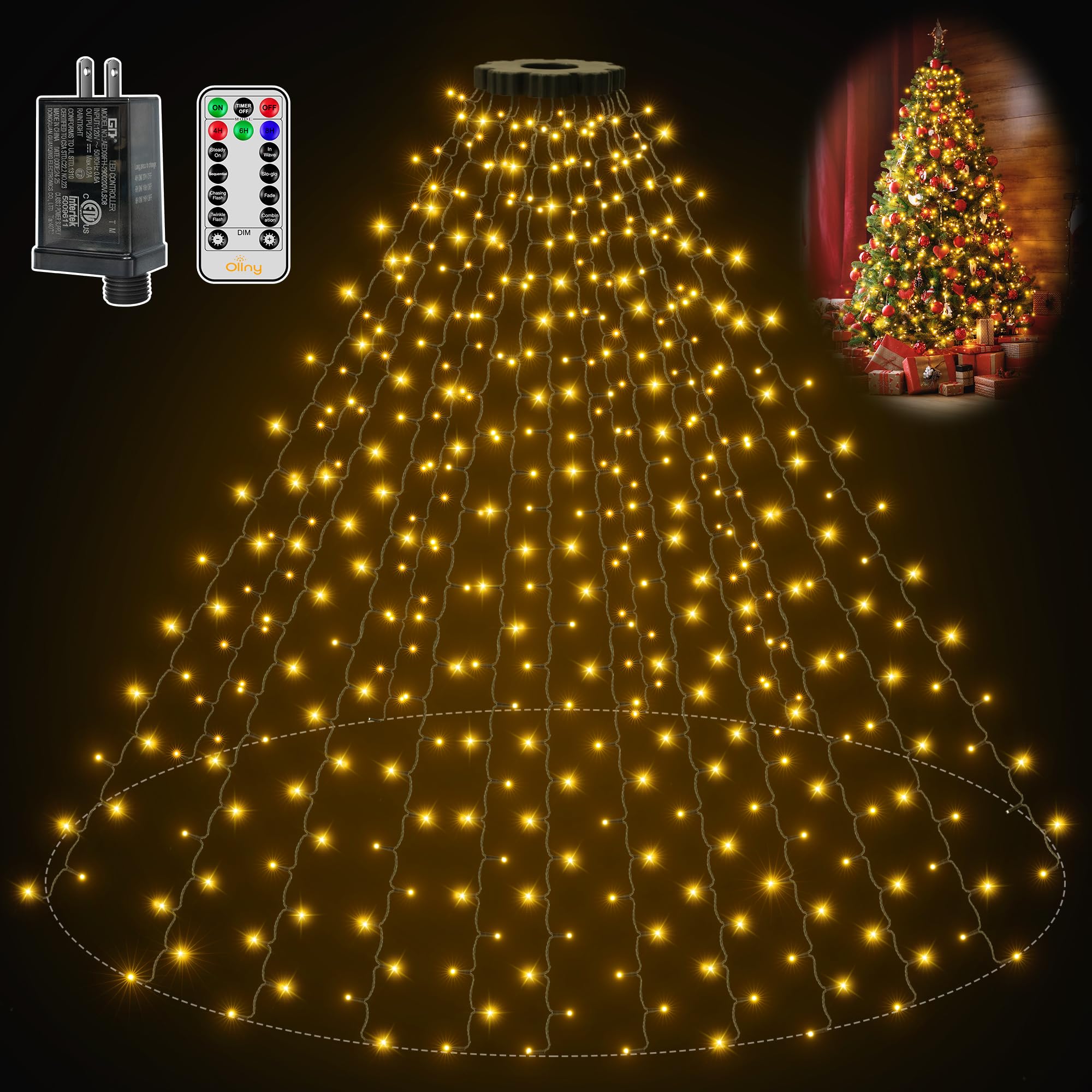 Photo 1 of Ollny Christmas Tree Lights 8.2ft*16 Strings with Ring, 8 Lighting Modes 3 Timers Dimmable Christmas Lights Indoor/Outdoor with Remote, Waterproof for Xmas Decor (Warm White)