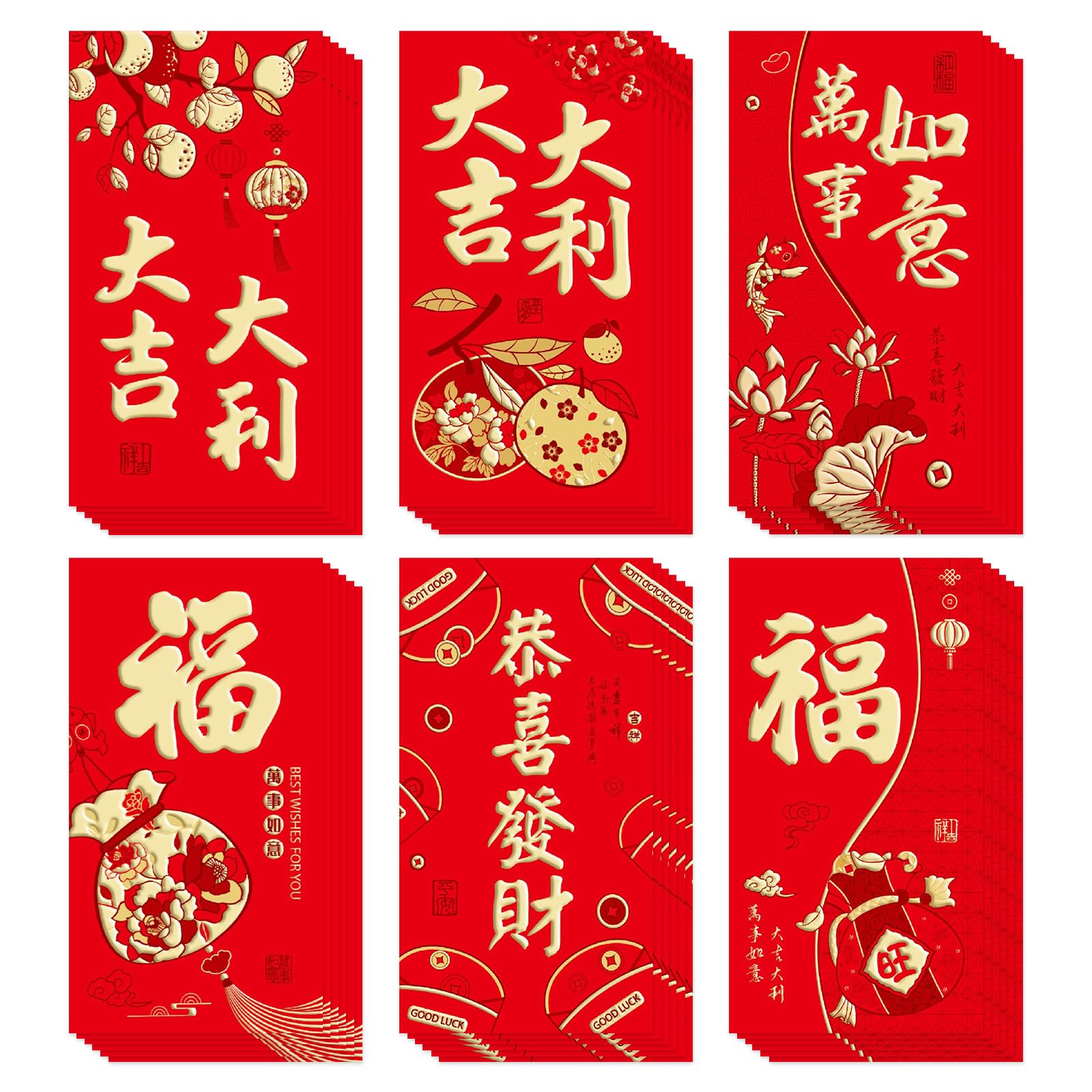 Photo 1 of 36 Pcs 6 Designs Chinese New Year Red Envelopes 2026, 3.5 x 6.7 Inches Hong Bao Lucky Money Cash Envelopes Red Packets Lai See for Spring Festival, Lunar New Year, Weddings, Birthdays, etc