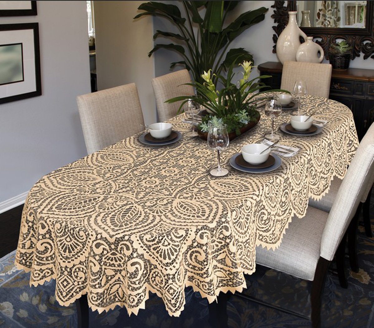 MforStyle Lace Large Tablecloth Traditional table cloth Oval OR Round White OR Beige Premium Quality (290cm x 140cm (114" x 55") Oval, Beige)