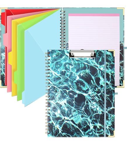 Ospelelf Porte-bloc Pliable à Spirale Avec Pochette Zippée - 5 Dossiers Plastique 10 Poches + Bloc-notes Ligné Rechargeable 27,9 X 21,6 Cm - Organiseur Projets