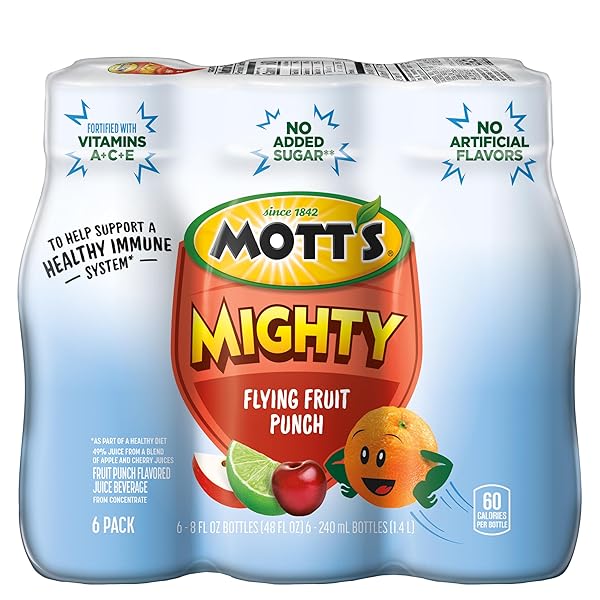 MOTT’S MIGHTY FLYING FRUIT PUNCH JUICE DRINK, 8 FL OZ BOTTLES, 24 COUNT (4 PACKS OF 6), 100% FRUIT JUICE WITH PURIFIED WATER, VITAMINS A, C AND E, NO ARTIFICIAL FLAVORS, COLORS OR SWEETENERS