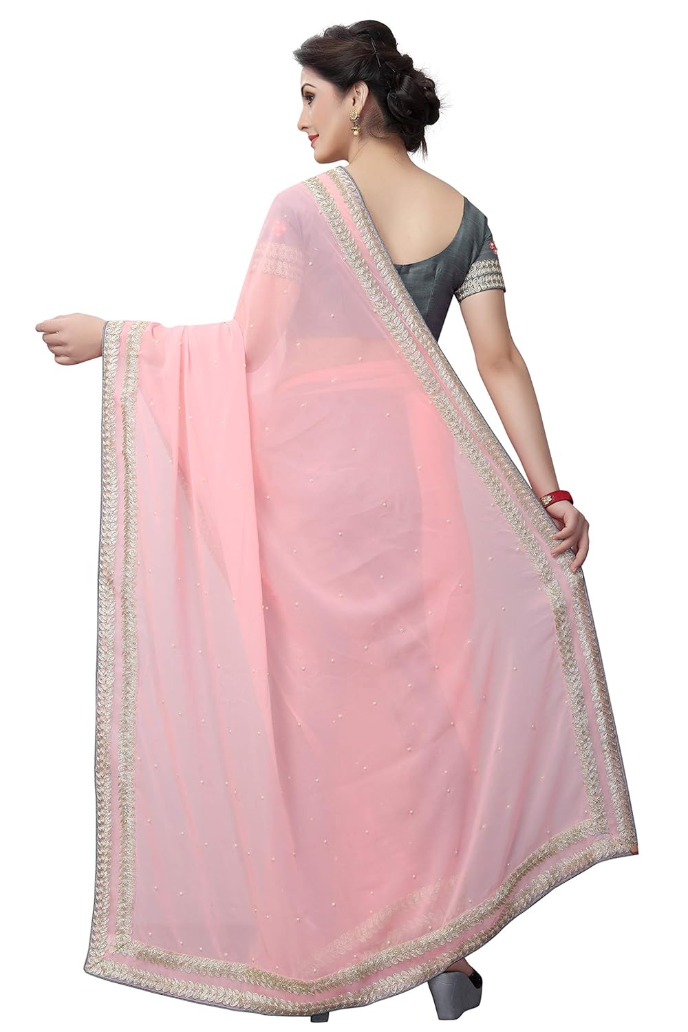 sretan women's georgette embroidered saree with embroidered blouse piece